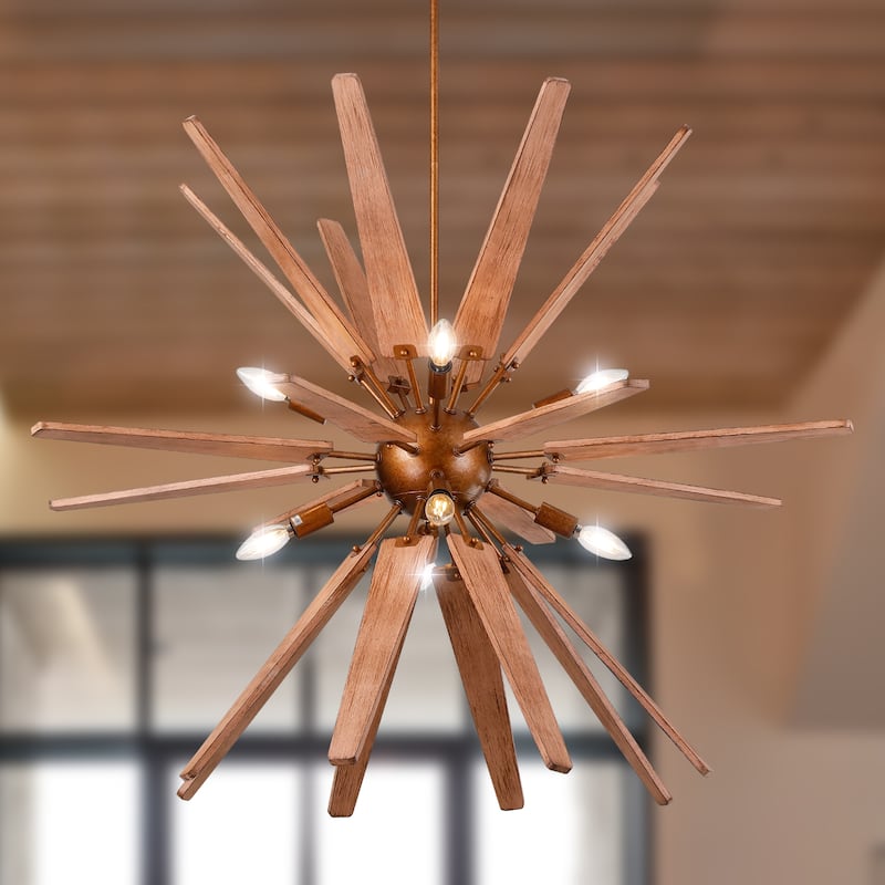 Shamiel 8 Light Thorne Wood Chandelier in Contemporary Style Starburst Design