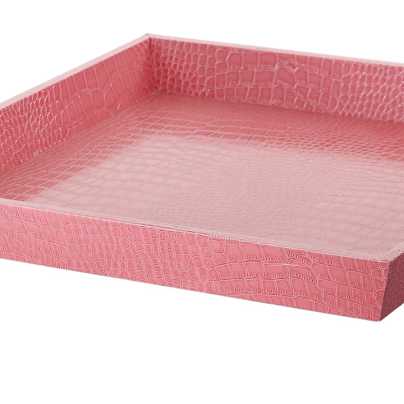 Wood and Leatherette Decorative Serving Tray with Raised Sides, Pink