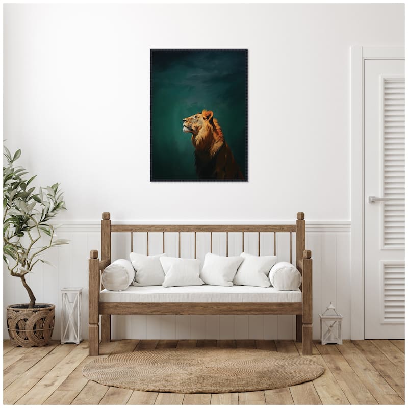 Kate and Laurel Lion on Tonal Blue Teal Green Abstract by The Creative Bunch Studio Framed Canvas Wall Art Print