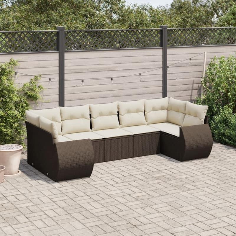 vidaXL Patio Sofa Set with Cushions Outdoor Furniture 7 Piece Poly Rattan - 24.4 x 28.0 x 27.2 - Brown and cream