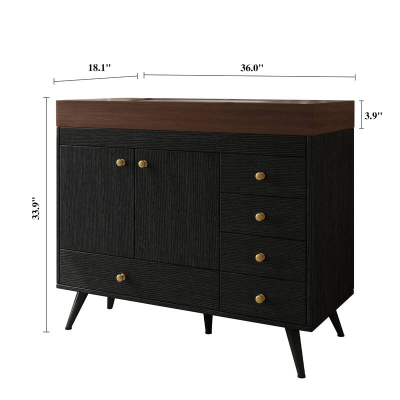 36" Bathroom Vanity with Faux Marble Top & Ceramic Sink, 5-Drawer Storage Cabinet with Stainless Steel Legs
