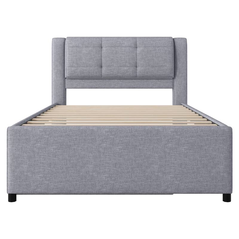 Full Size Upholstered Platform Bed with Adjustable Trundle, Gray