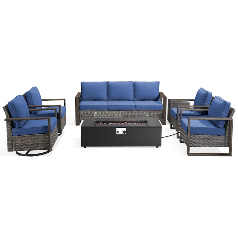 Meyreso Wicker Outdoor Patio Fire Pit Set with Swivel Gliders and 4.5-Inch Olefin Cushions