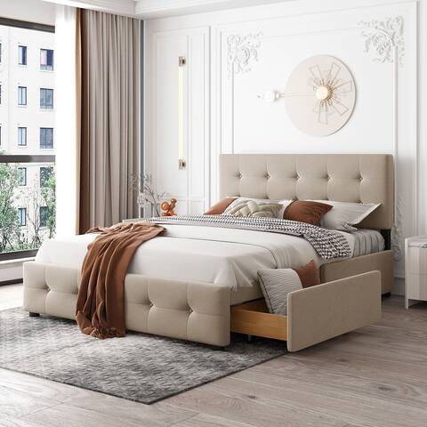 Upholstered Queen Platform Bed with Classic Headboard and 4 Drawers, Beige