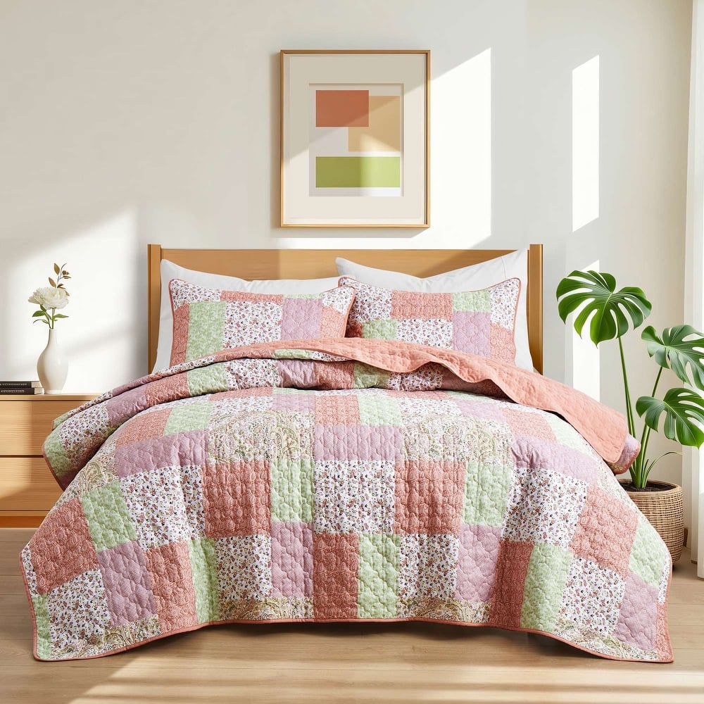 3 PCS Printed Coverlet Set Floral Geometric Bedspread Reversible Quilt and Shams Set