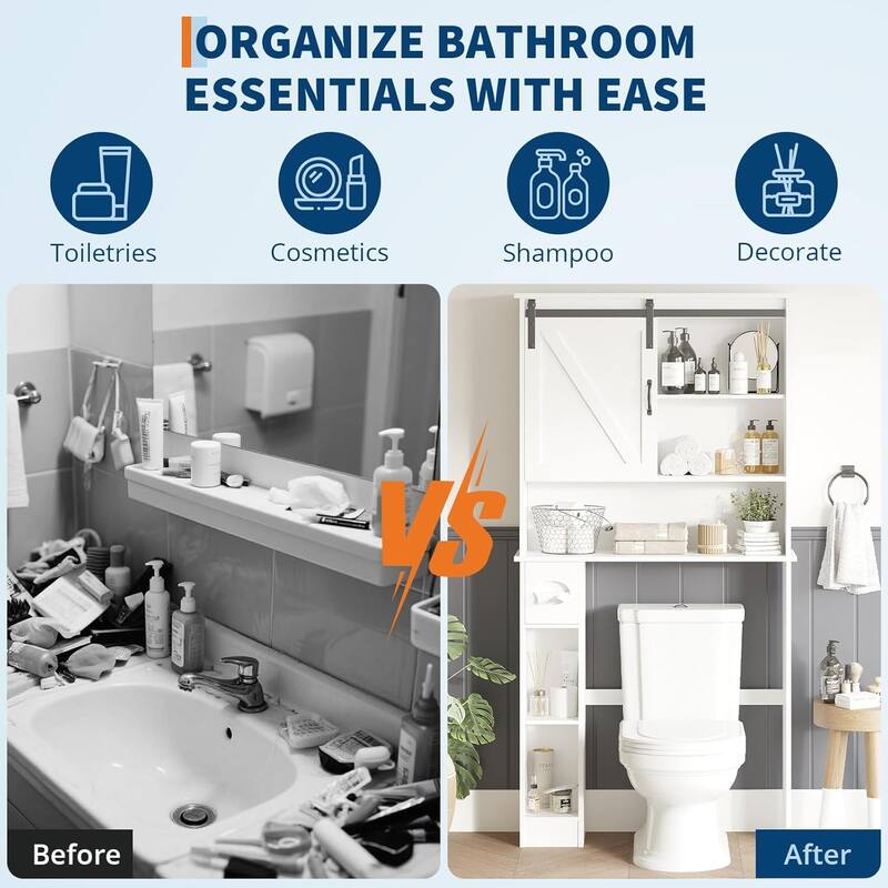 Over The Toilet Storage Cabinet Double Door Bathroom Organizer with Adjustable Shelves, Toilet Paper Holder