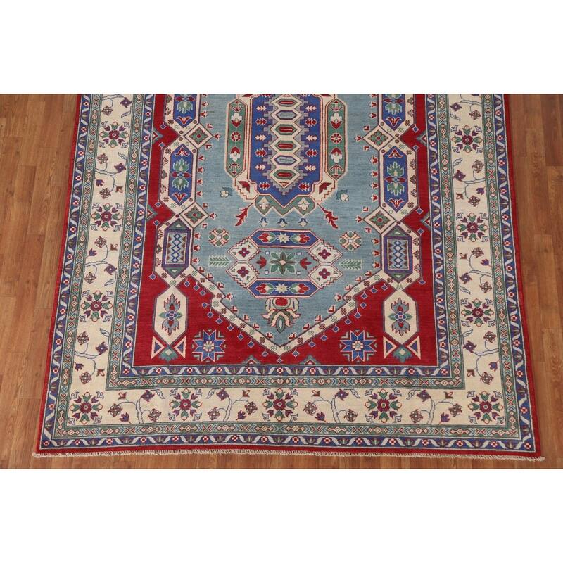 Hand Knotted Oriental 100% Wool Carpet Traditional Geometric Navy Blue & Blues Kazak Area Rug - 9' 7'' X 6' 10''