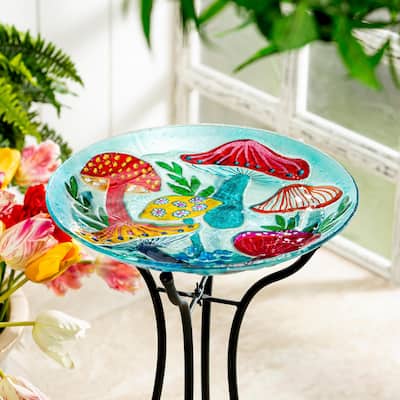 18" Glass Bird Bath, Mushroom Group