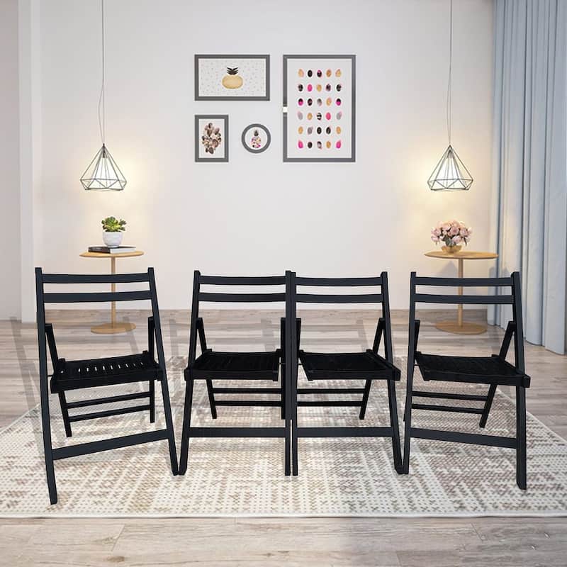 4 Pack Wood Folding Chair with Slatted Seat - Black