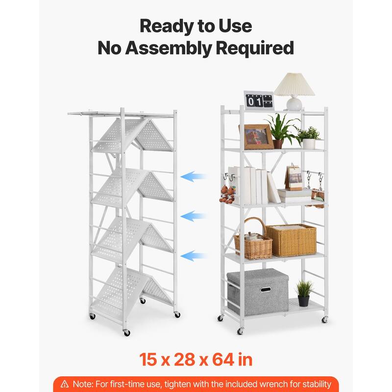 White Carbon Steel Folding Garage Storage Shelf with 5 Swivel Wheels and J-Hooks - 15 x 28 x 64 in