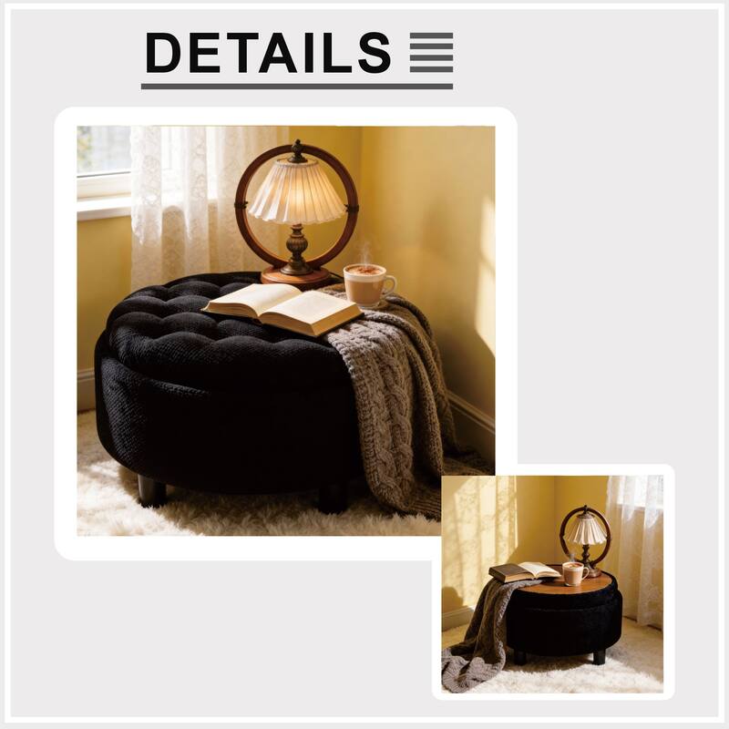 Round Storage Ottoman with Lift-Off Tray and Upholstered Fabric