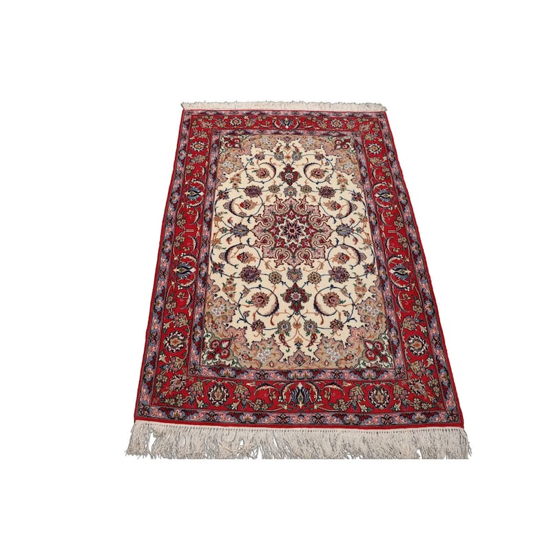 3'8''x5'4'' Hand Knotted Wool Ivory Isfahan Traditional 400 KPSI Rug - 3' 8'' x 5' 4''