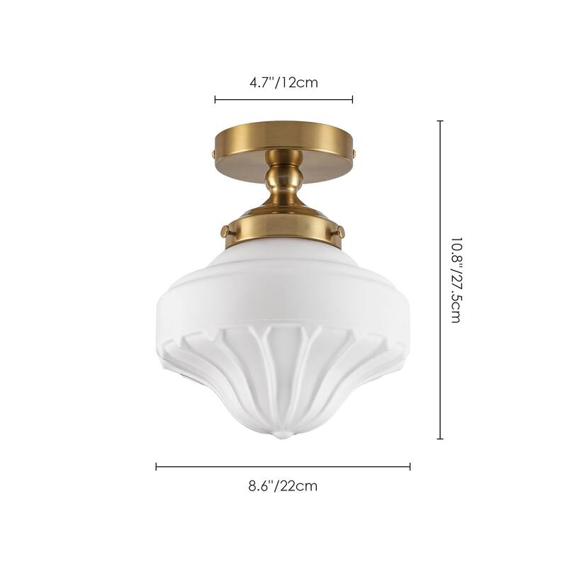 8.7 in. 1-Light Retro Black/Antique Gold Ice-Cream Shaped Semi-Flush Mount Ceiling Light with Opal Textured Glass Shade