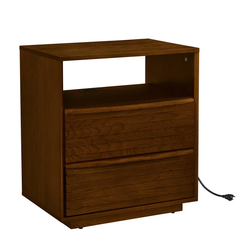 Nightstand with Charging Station & Outlet Hole & 2 Solid Wood Drawers,Farmhouse End Table with Open Shelf & Drawer Dresser