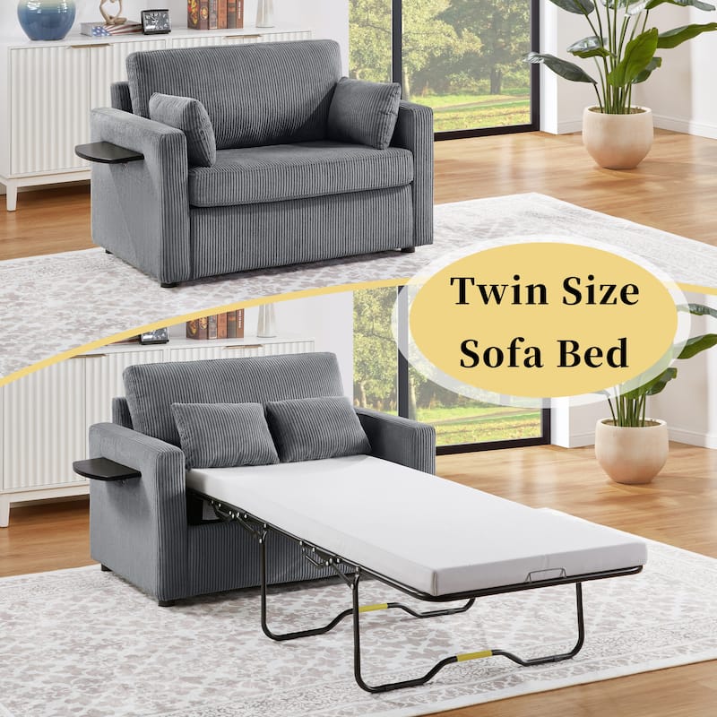 Roomfitters Twin Sofa Bed with Foldable Mattress, Side Table, Storage Pocket and USB Ports for Living Room