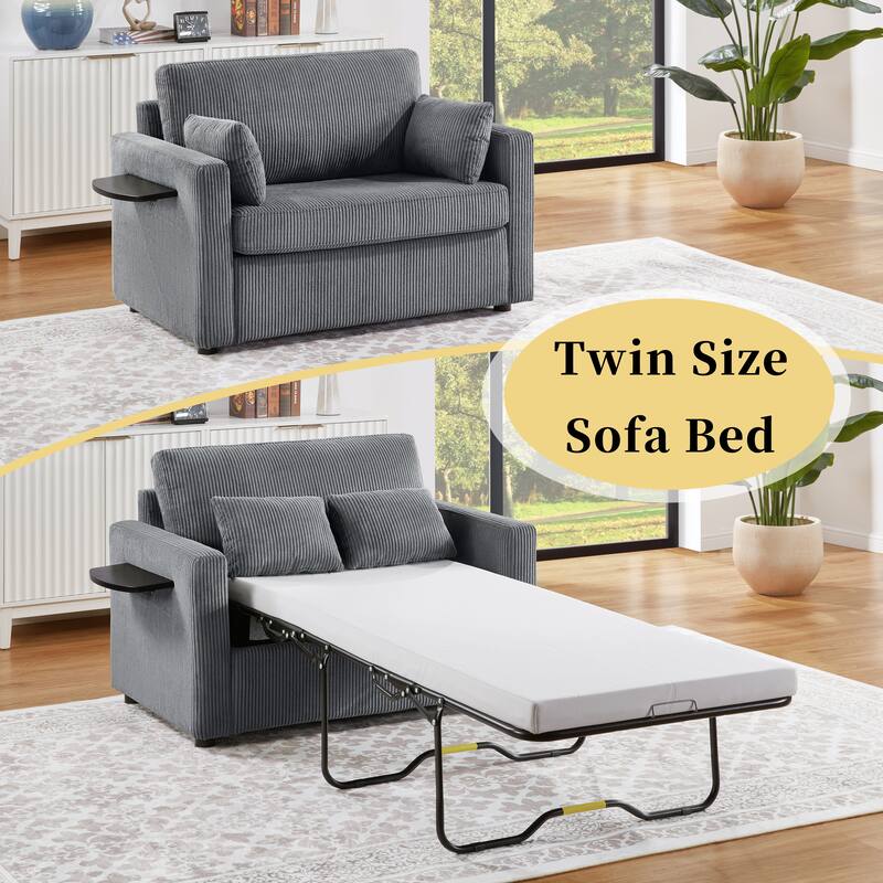 Twin Size Sofa Bed Sleeper Sofa with a Foldable Mattress, a Foldable Side Table, a Side Storage Pocket and Two USB Ports