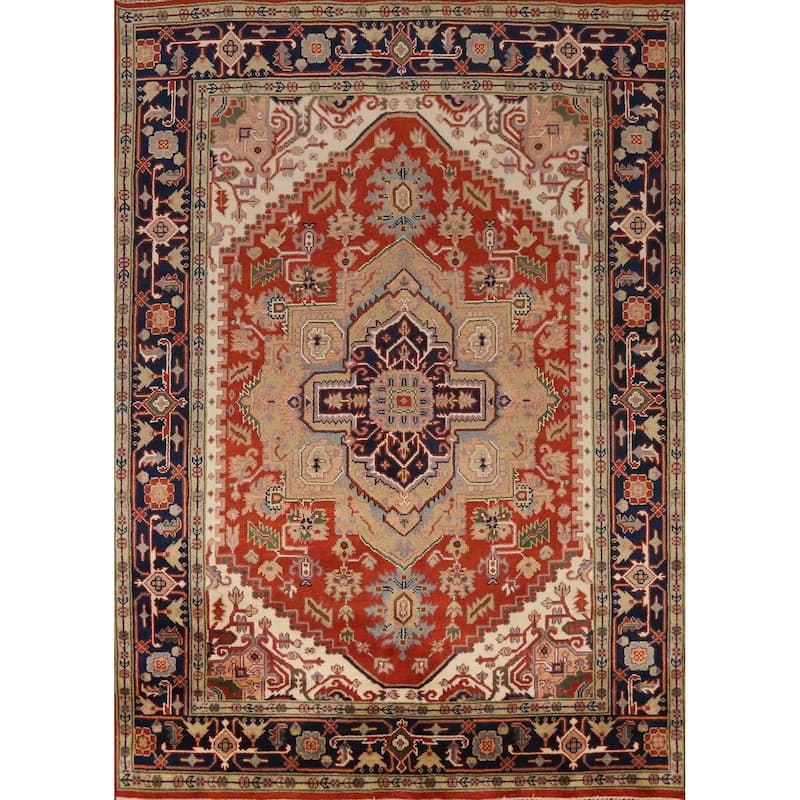 Medallion Heriz Serapi Indian Rug Hand-Knotted Oriental Wool Carpet - 7'11" x 9'9"