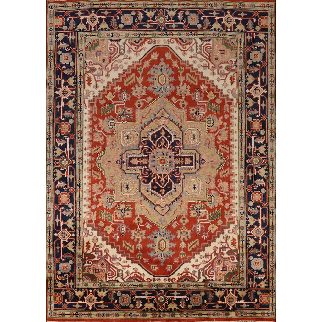 Medallion Heriz Serapi Indian Rug Hand-Knotted Oriental Wool Carpet - 7'11" x 9'9"