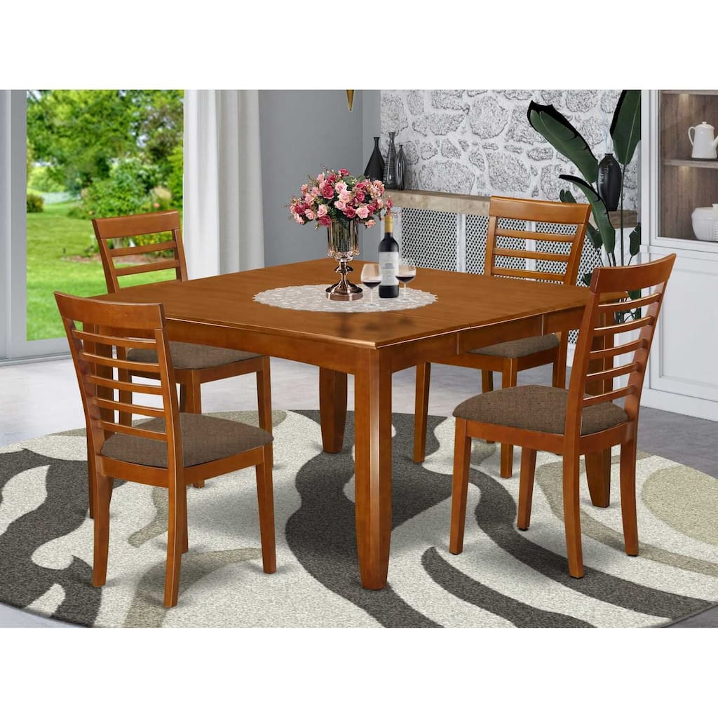HomeStock 5-Pc Square Saddle Brown Finish Solid Wood Top Dining table with 4 Chairs