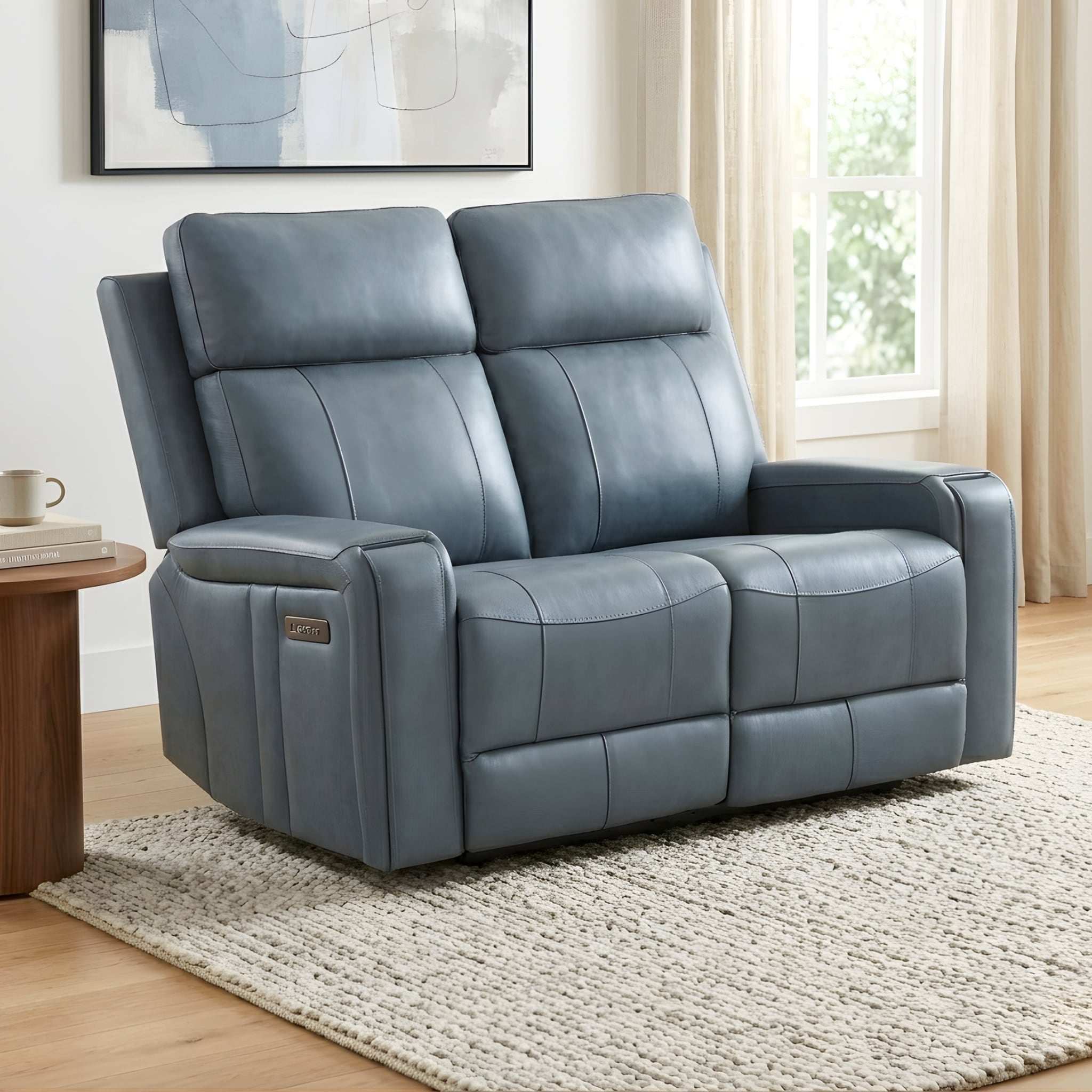Cavron Leather Match Power Loveseat - Blue - N/A