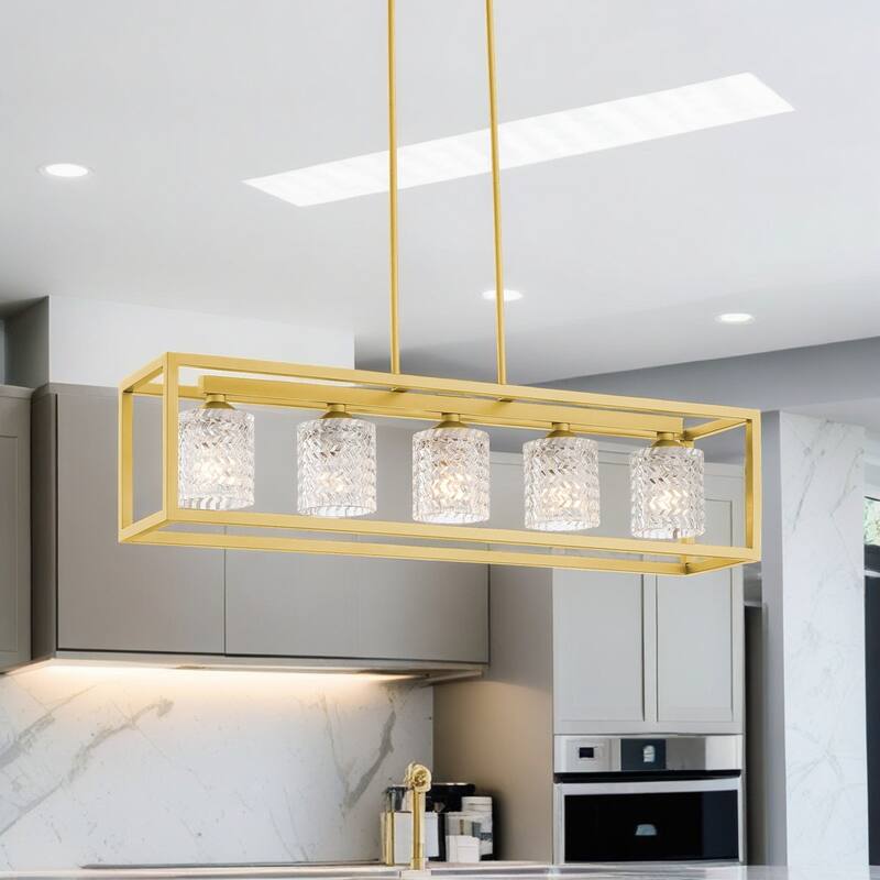 Mid-century Modern 5-light Gold Rectangle Dining Room Chandelier with Crystal Glass - UL - 37 inches