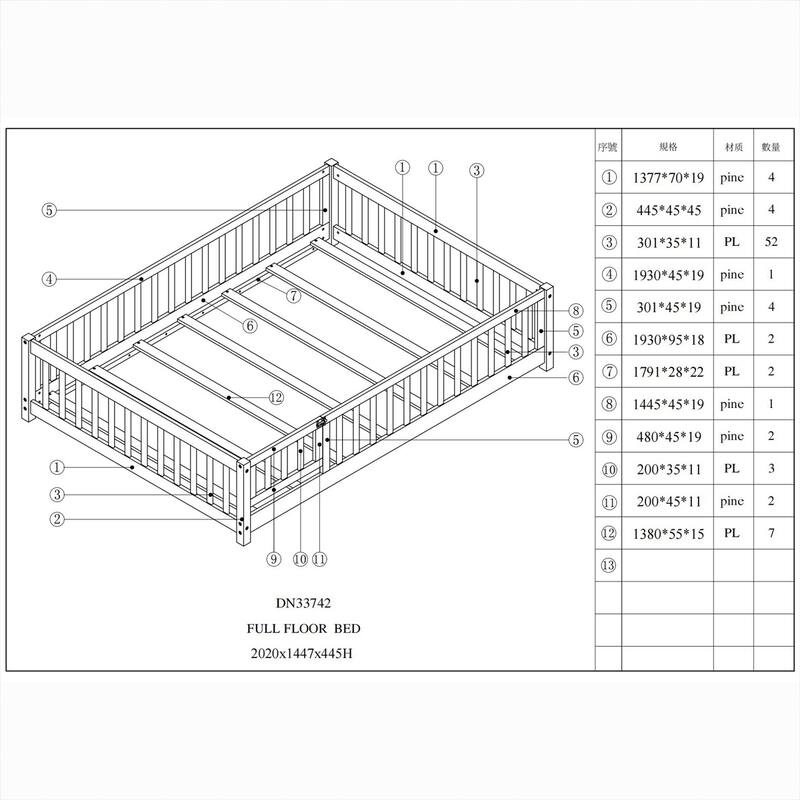 Floor Platform Bed with Fence Guardrails and Door