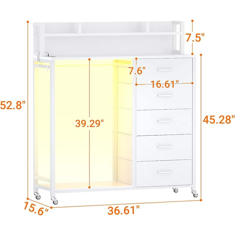 5 Drawers Dresser with Charging Station & LED Lights, Chest of Drawers with Hanging Rod ＆ Lockable Wheels ＆ Storage Shelves