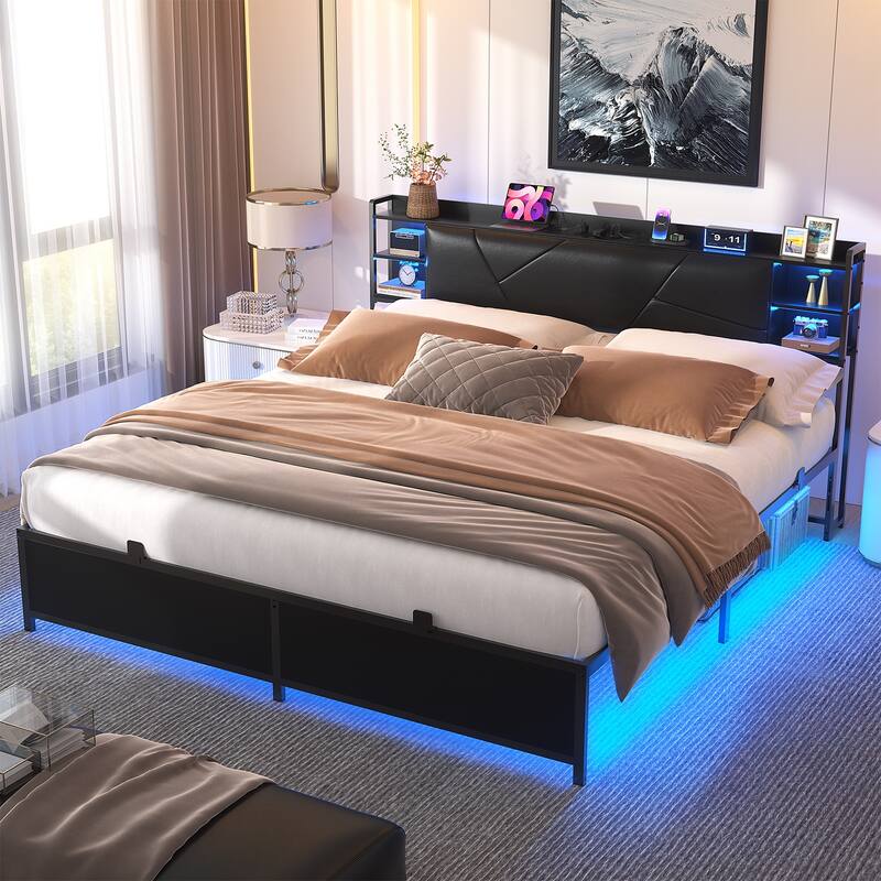 Bed Frame with Upholstered Storage Headboard,Matel Platform Bed with Charging Station and RGB LED Lights,Easy Assembly