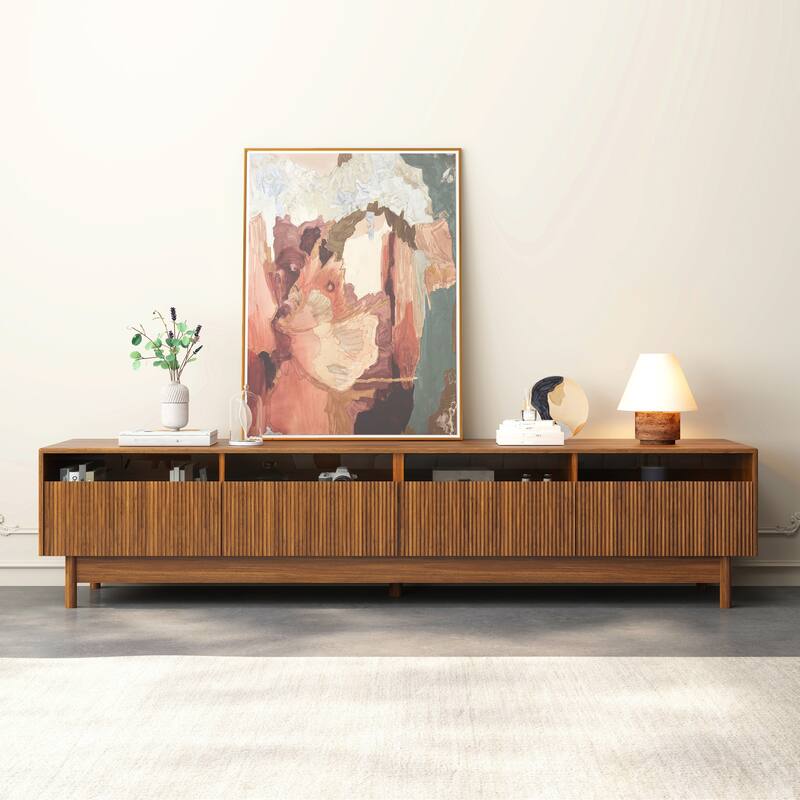 TV Stand for TVs up to 85", Mid Century Modern Entertainment Center with Glass Drawers, Wood TV Console Table