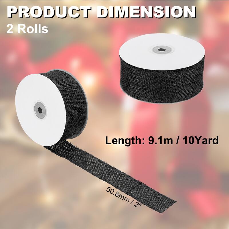 Burlap Fabric Ribbon 2pcs Jute Crafts Roll Wrapping - Black - 2 Inch x 10 Yards