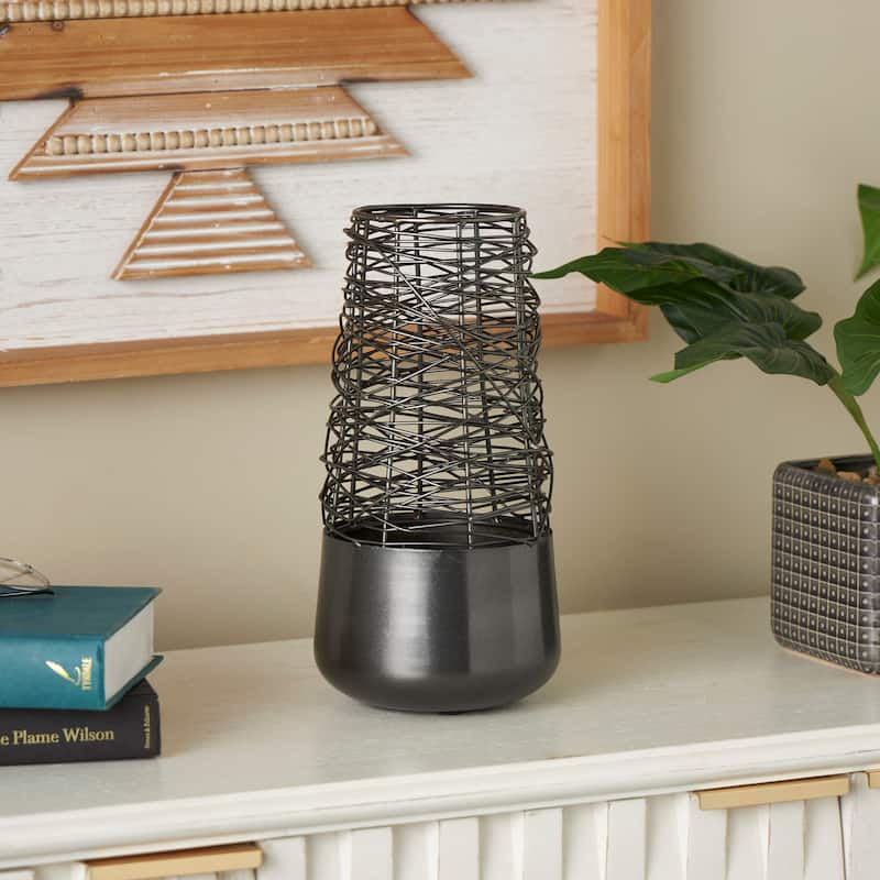 Black Metal Intertwined Wire Abstract Vase with Solid Matte Base - Black - 6" x 6" x 12"