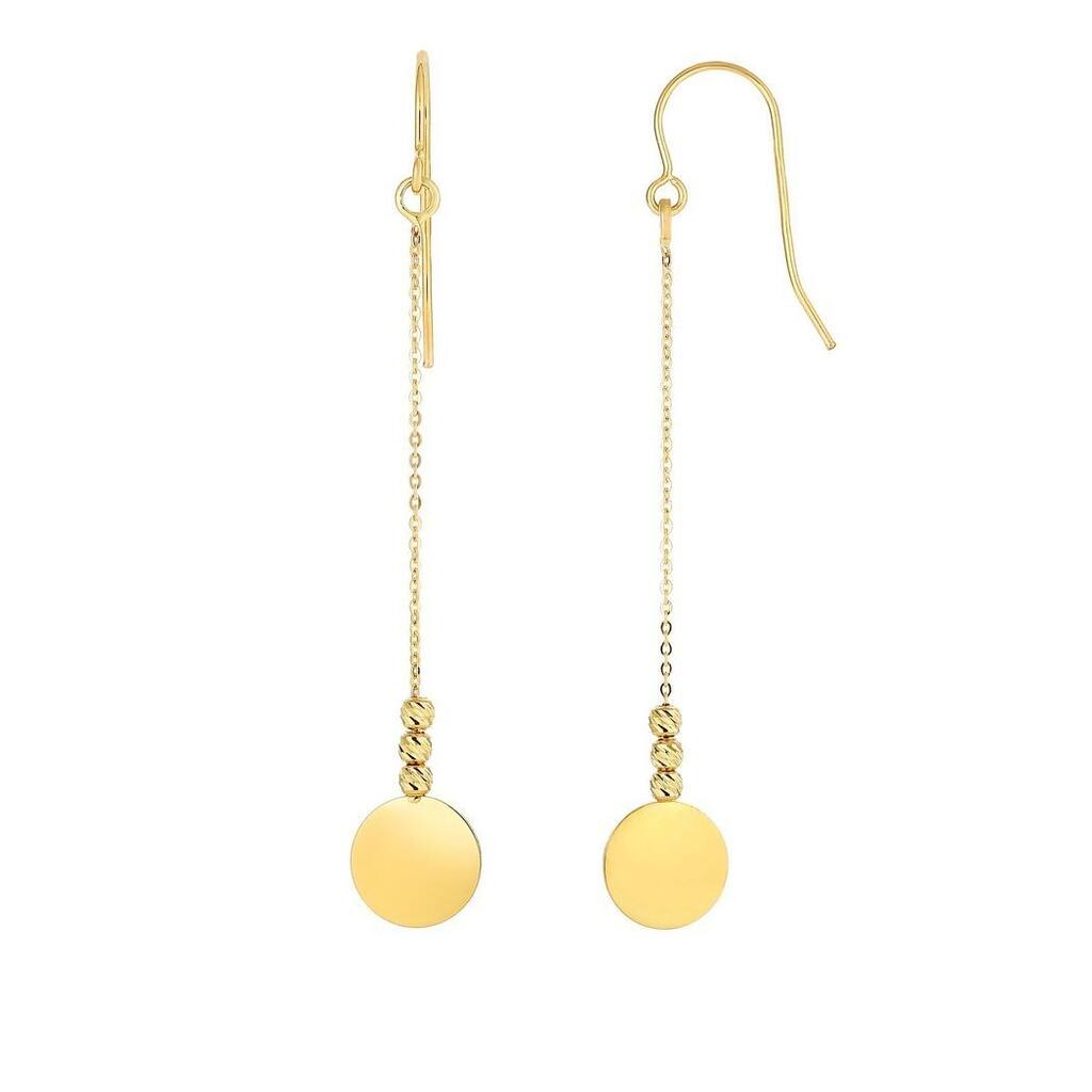 Curata 14k Yellow Gold 50x8mm Polished Disc & Textured Bead Drop Hook Earrings