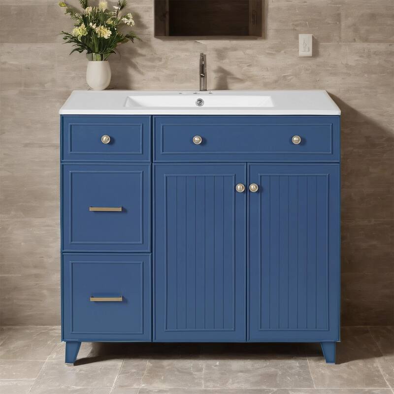 36 inch Bathroom Vanity with Ceramic Sink, Soft Close Doors, Shelves