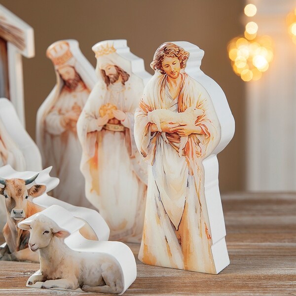 Glitzhome 13 Piece Christmas Wooden & Resin Nativity Figurine Set