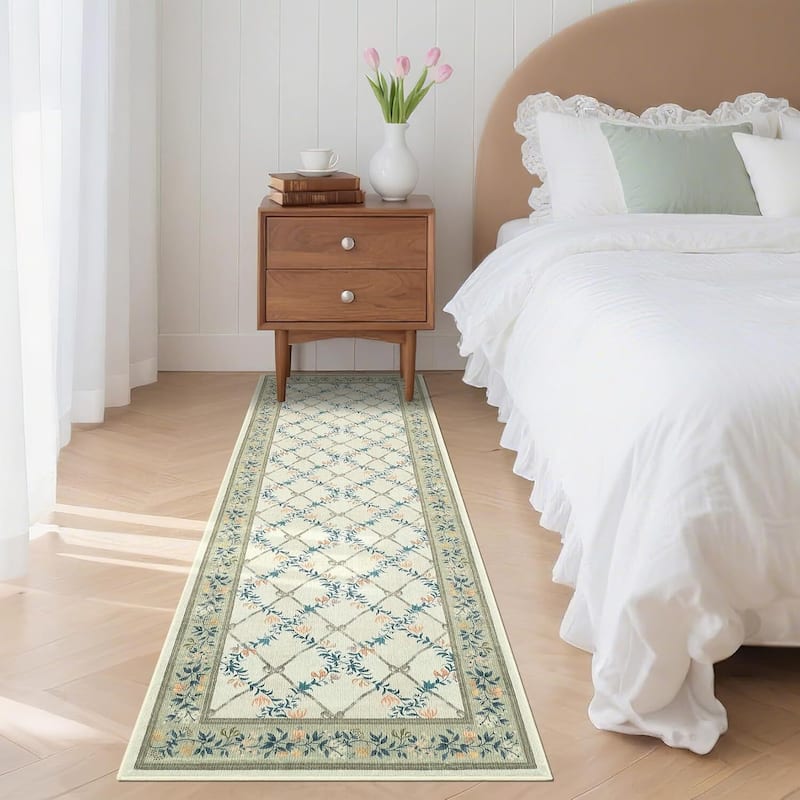 Floral Neutral Washable Hallway Low Pile Area Rug for Bedroom, Living Room, Sage Green - 2' x 3'