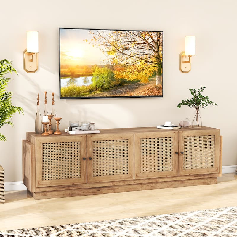 Gymax 4-Door PE Rattan Media Console Table Farmhouse TV Stand for TVs