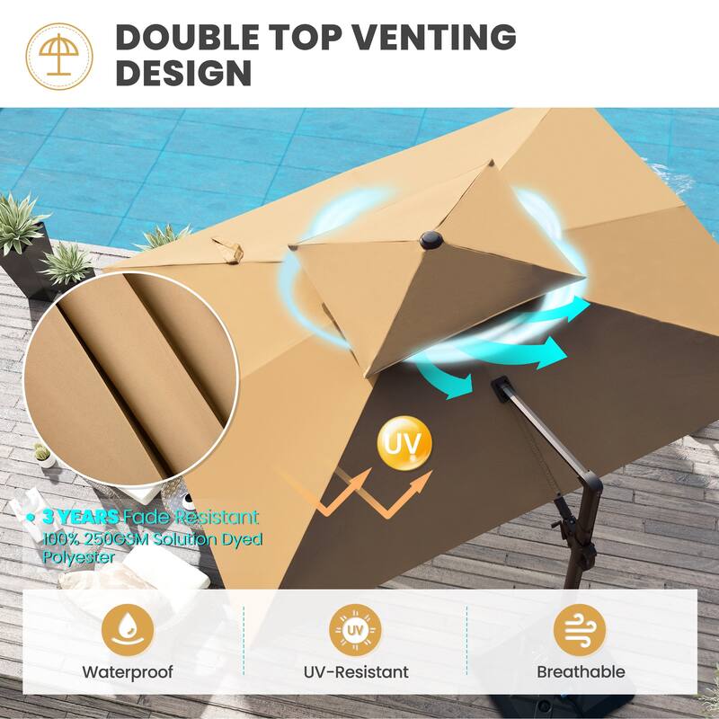 9 x 12 ft Double Top Patio Cantilever Umbrella 360-degree Rotation with Base