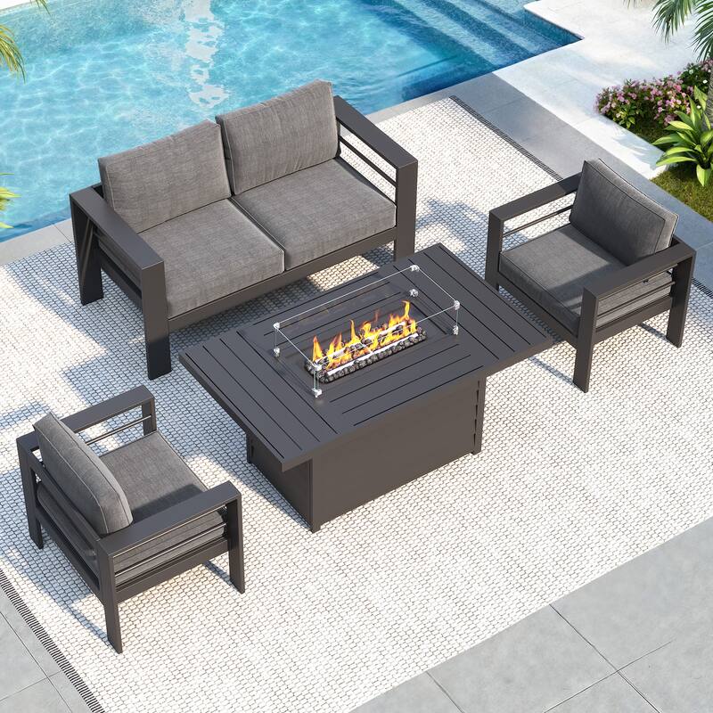 4 Pcs Patio Furniture Set with Propane Firepit - Grey