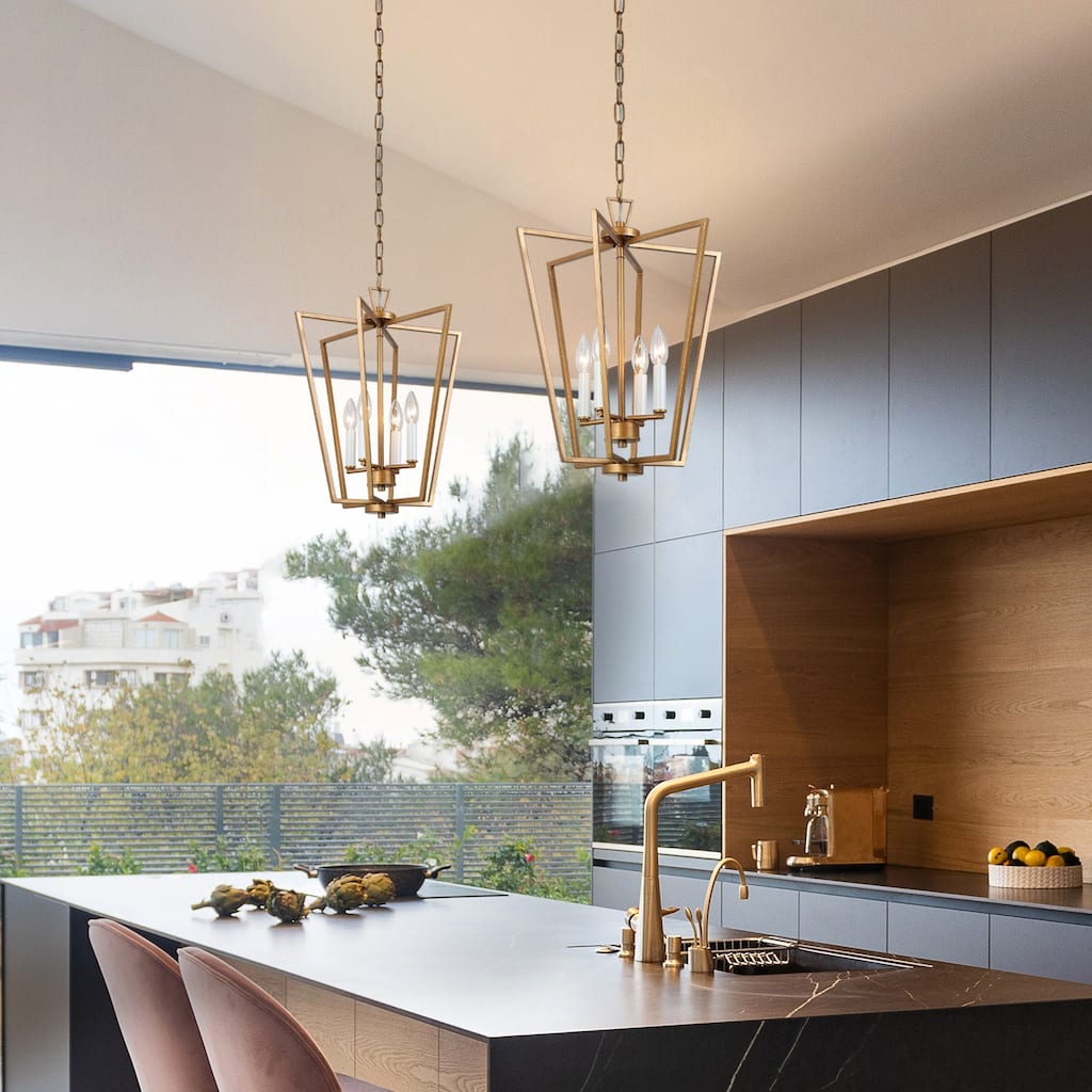 16'' Mid-century Modern 4-light Lantern Pendent Lights Geometrical French Country Candle Style Chandelier - 16 in