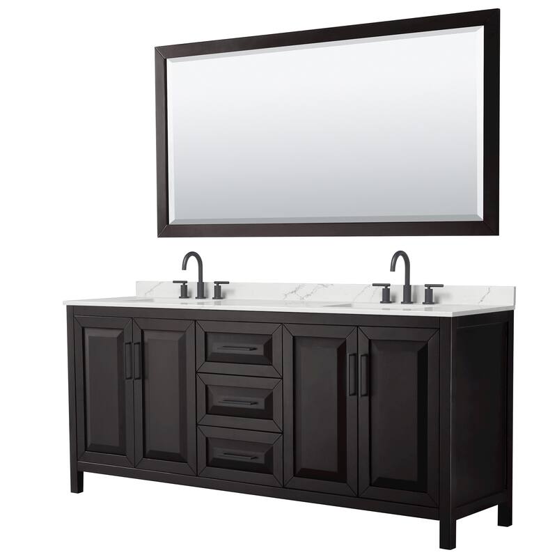 Daria 80-inch Double Vanity, 3 Hole Quartz Top, 70-inch Mirror - Dark Espresso, Black Trim, Giotto Quartz Top