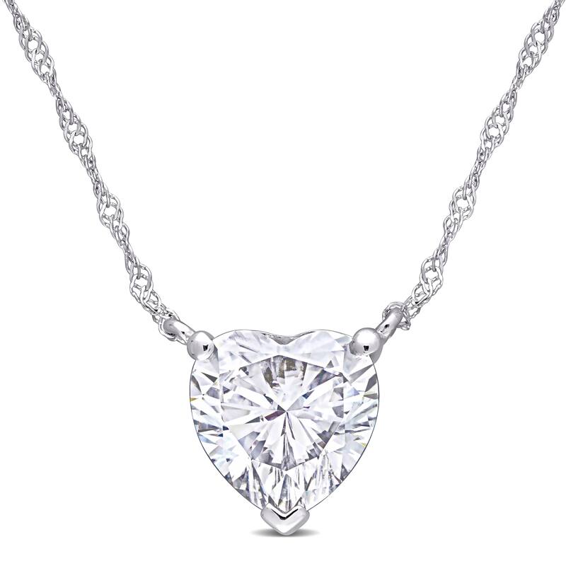 Miadora 2ct DEW Moissanite Solitaire Heart Station Necklace in 10k White Gold