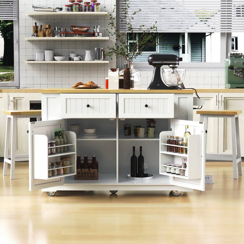 Kitchen Island with 2 Bar Stools, Power Outlet, Door Internal Storage Rack, Kitchen Storage Cart on 5 Wheels with Drop Leaf