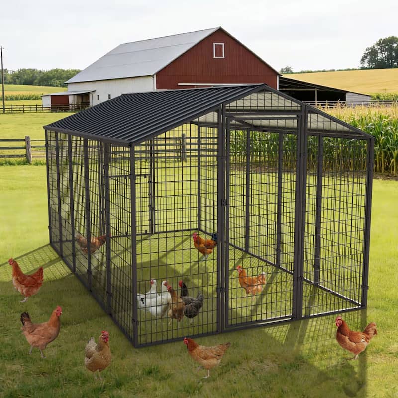VEIKOUS Metal Chicken Coop for 15+ Chickens, Predator Proof Outdoor Chicken Cage with Galvanized Roof - 10.6 ft × 6.2 ft - 10.6 ft × 6.2 ft