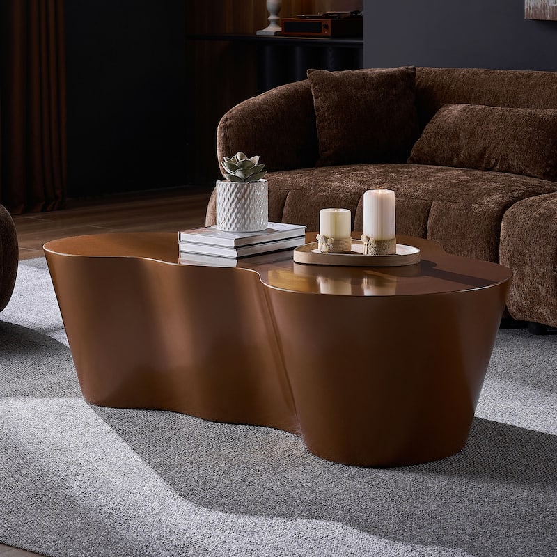 50" Unique Shape Sturdy Fiberglass Coffee Table, Tea Table for Living Room, No Need Assembly - Brown