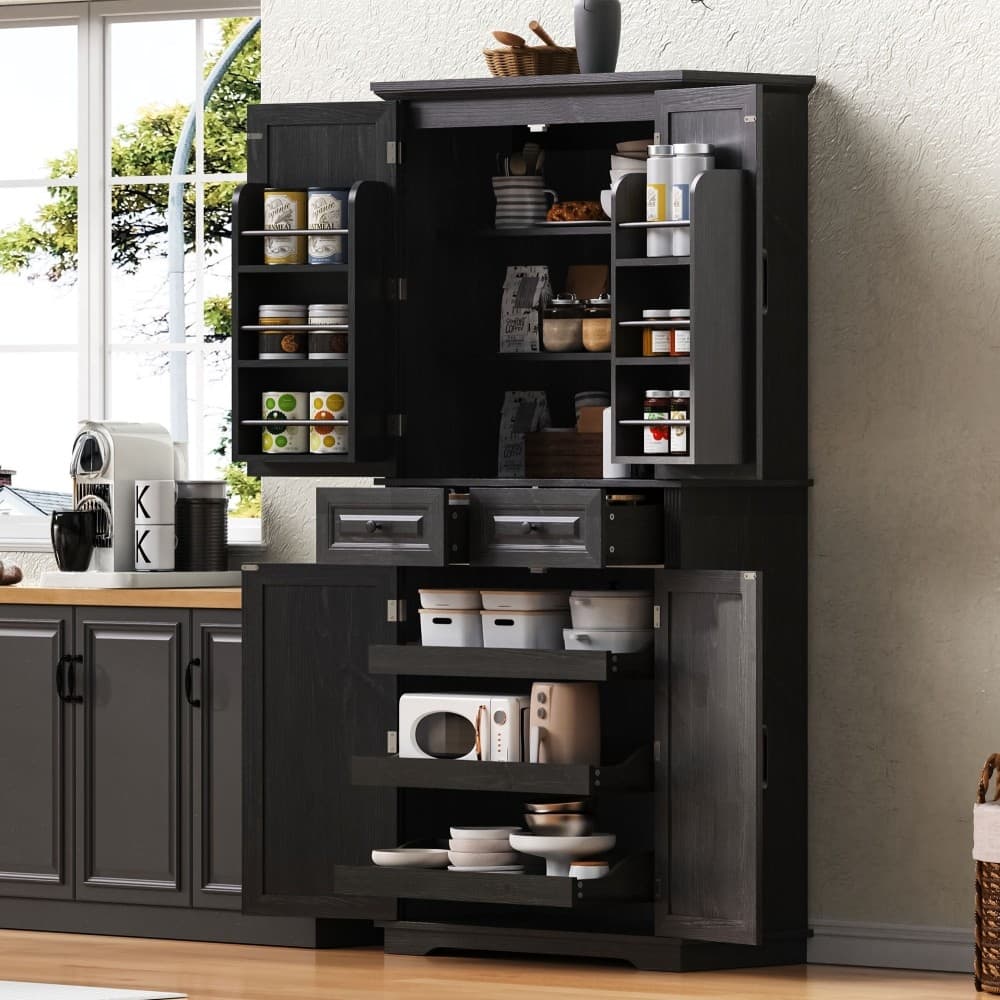 71" Tall Freestanding Kitchen Pantry Cabinet with 3 Pull Out Organizers and 6 Door Shelves