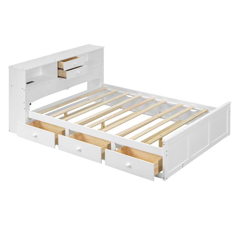 HomeRoots White Wood Full Bed Frame With Trundle And Drawers
