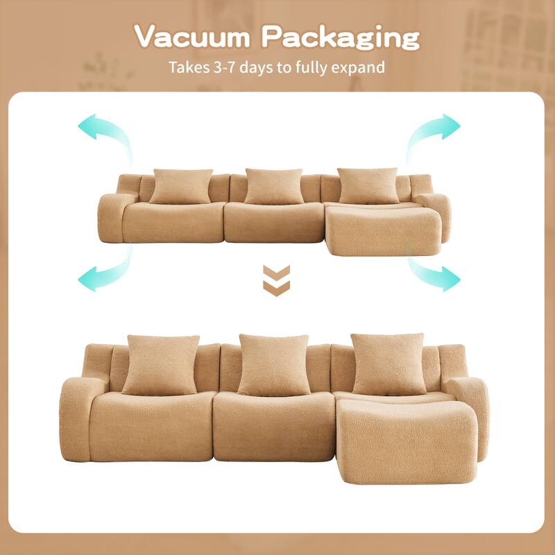 115.3" L-Shaped Boneless Sectional Sofa with Ottoman, Curved Armrests, Teddy Fabric Floor Upholstered Sofa for Living Room