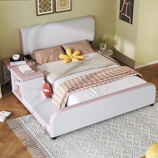 Full Size Upholstered Platform Bed, Faux Leather Bed with Storage Nightstand & Guardrail, Platform Bed Frame with Footboard
