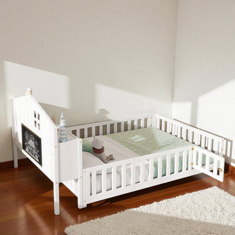 Full Size Montessori Floor Bed with Guard Rails, Bookcase Headboard & Blackboard, Solid Wood Platform Bed for Kids
