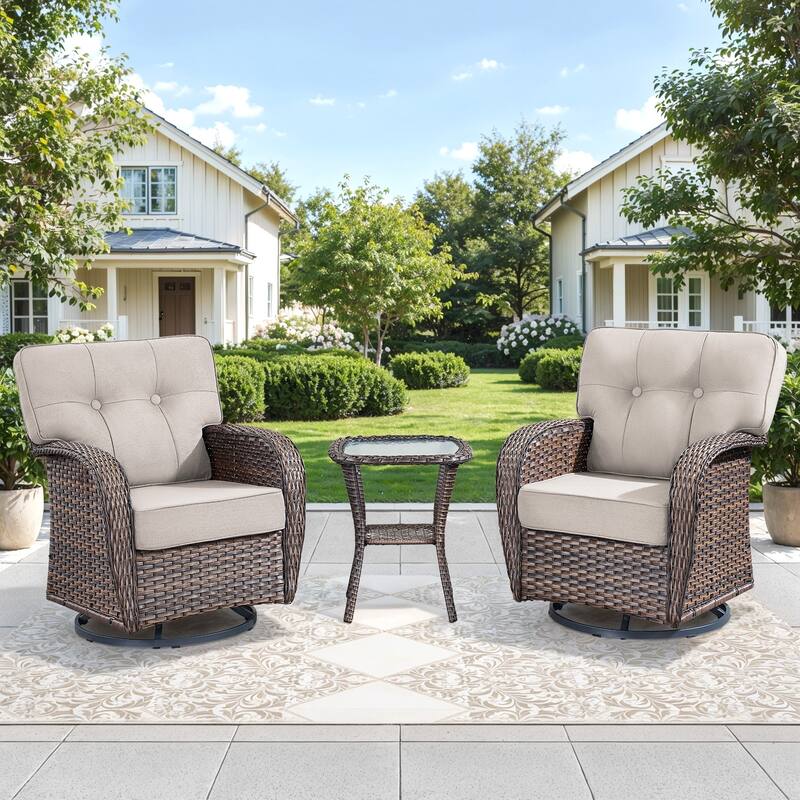 Gymojoy Wide T-Shaped High Back Swivel Glider Chairs Set with Side Table and 5-inch Cusion for Patio & Balcony - Beige - 3-Piece